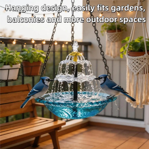 Solar Powered Hanging Bird Bath Fountain For Outdoor Garden And Patio, Cascading Water Feature That Runs On Sunlight, blue bowl