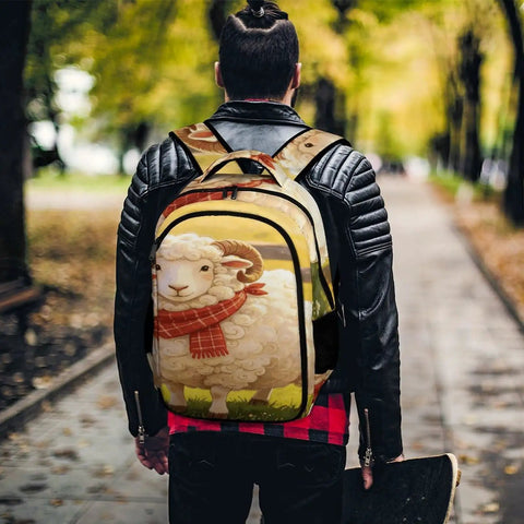 Scarf Horned Ram Print Unisex Backpack With Large Capacity worn by a person walking outdoors, durable polyester design.