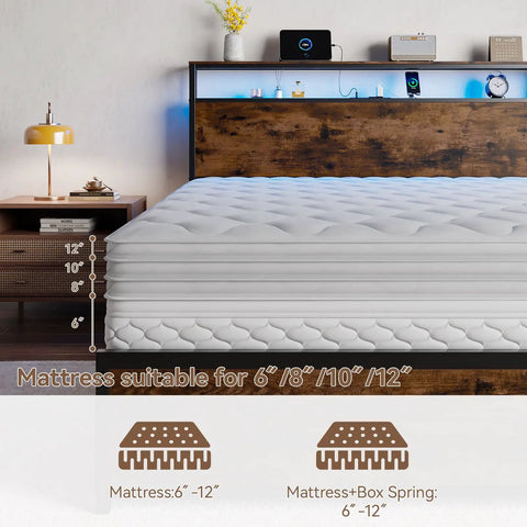 Queen Bed Frame With A Slick Two Tier Storage Headboard And Built In Charging Station Plus Six Roomy Drawers For A Game Changing Sleep Setup And Effortless Daily Flow with a mattress placed on top.