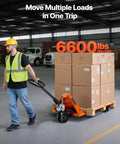 Warehouse worker using a 6600 Lb Manual Pallet Jack With 48 By 27 Inch Forks And A 3.35 To 7.1 Inch Lift Height to move boxes