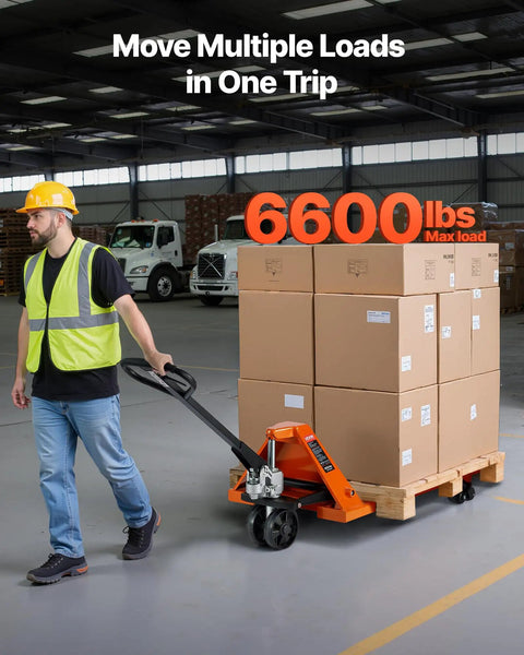 Warehouse worker using a 6600 Lb Manual Pallet Jack With 48 By 27 Inch Forks And A 3.35 To 7.1 Inch Lift Height to move boxes