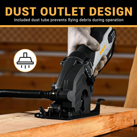 Compact Electric Mini Circular Saw With Adjustable Depth Dial And Three Heavy Duty Blades For Rip Through Wood Plastic And Soft Metal With No Sweat Precision with dust outlet design.
