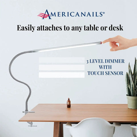 FlexiLamp Touch XL LED Nail Desk Lamp with Removable Clamp displayed on desk, flexible arm, touch sensor, 3 brightness levels