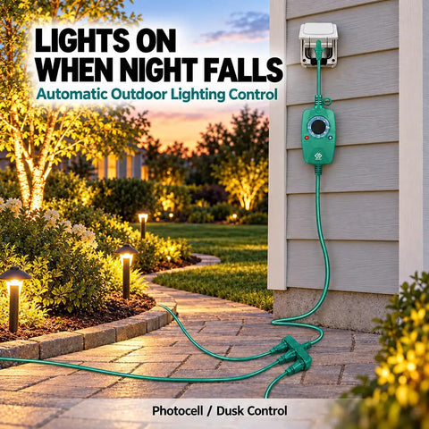 Heavy Duty Outdoor Dusk To Dawn Timer With Photocell Sensor And Three Grounded Outlets mounted on wall with outdoor lights.
