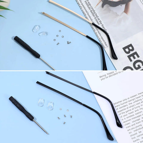 Universal Glasses Repair Kit With Screws And Two Pairs Of Replacement Arms For Broken Specs Featuring durable TR90 parts.