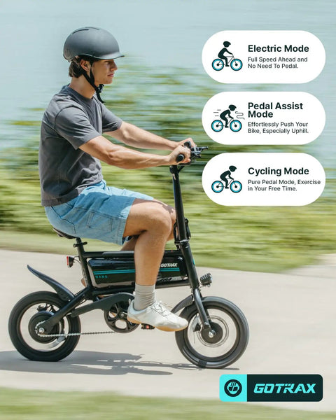 Person riding Nano 14-Inch Folding Electric Bike With 350W Motor 15.5 Mph in park, showcasing modes.