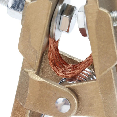 Close-up of Heavy Duty Brass Welding Ground Clamp showcasing the copper wire connection and secure locking mechanism.