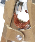 Close-up of Powerhouse 600A Ground Clamp With Heavy Duty Brass Jaw showing copper wire connection for welding use.