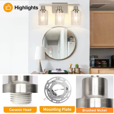 Three Light Brushed Nickel Bathroom Vanity Light Fixtures With Clear Glass Shades over mirror with details of mounting components