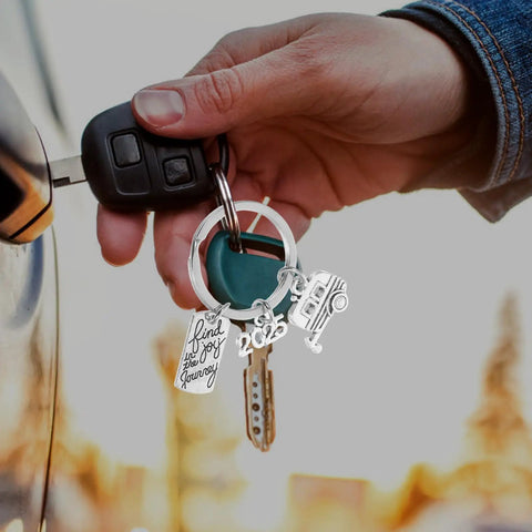 Silver Zinc Alloy Camping Keychain Ultra Lightweight Travel Themed Key Ring with charms on car key