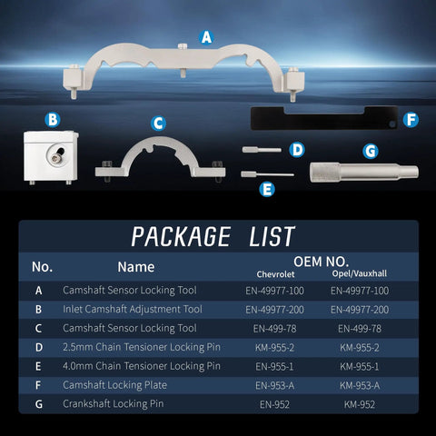 Pro Grade Engine Timing Tool Kit Locking Cams And Crankshaft For Vauxhall Opel Chevrolet with components labeled A to G