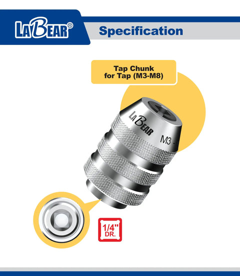 Adjustable Tap Chuck Socket Adapter For One Quarter Inch Drive, Pro Grade Tool for M3 to M8 Hand Taps, shown in knurled Cr-V steel