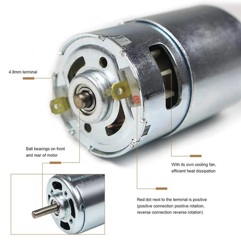 Close-up of DC Spindle Motor for Mini CNC Router 997, 400W, showing double ball bearing and terminal connections.