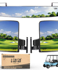 Universal Golf Cart Mirrors With Folding Side Mirrors And Rear View Mirror For Most Carts Including Yamaha Club Car EZGO TXT RXV Precedent Models, showing two side mirrors and one rear view mirror with reflected golf course.