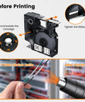Before Printing image of Top Shelf Heavy Duty Heat Shrink Label Tape For Rhino Series Printers Bulk 15 Pack, cartridge setup and heat shrink process.