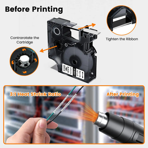 Before Printing image of Top Shelf Heavy Duty Heat Shrink Label Tape For Rhino Series Printers Bulk 15 Pack, cartridge setup and heat shrink process.