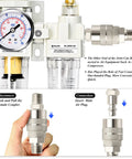 2 In 1 Oil And Air Regulator Filter With Lubricator Cup And Gauge, 1/4 Inch NPT Inlet, water and oil trap separator, manual drainage, connectors shown