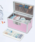 Go To Medicine Lock Box For First Aid And Family Use With Safe Key Lock Durable Aluminum Layered Medicine Cabinet Pink Finish Secure 12.2 By 7.9 By 7.5 Inch Meds Storage open showing contents and removable tray