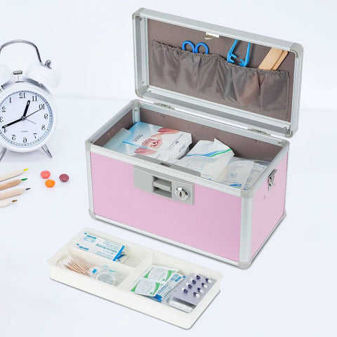 Go To Medicine Lock Box For First Aid And Family Use With Safe Key Lock Durable Aluminum Layered Medicine Cabinet Pink Finish Secure 12.2 By 7.9 By 7.5 Inch Meds Storage open showing contents and removable tray