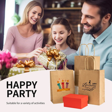 Family celebrating with 100 Pack Small Brown Kraft Paper Gift Bags With Handles 5.8x3.2x8.25 Inches Natural Kraft Bags for events.