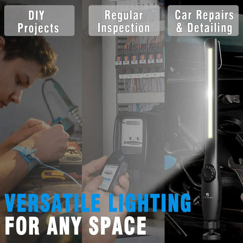 Ultra Bright 700 Lumen Rechargeable LED Work Light With Magnetic Base showcasing versatile use for DIY, inspection, and car repairs.