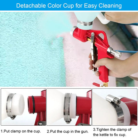 Detachable color cup on 1.5 Gallon Air Hopper Texture Drywall Sprayer Featuring Three Precision Nozzles for easy cleaning.
