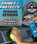 Person using Chemical Guys Silk Shine Protectant on car dashboard with green microfiber cloth, bottle in hand