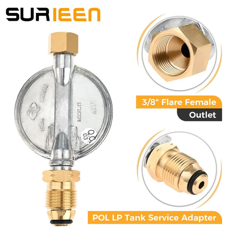 Surieen POL propane low-pressure regulator with 3/8 inch flare female outlet and brass LP tank service adapter