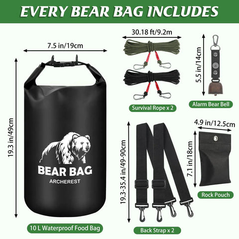 Waterproof 10L Bear Bag Hanging Kit With Heavy Duty Ropes Magnetic Bear Bell Carabiners Rock Pouch Scent Proof Food Storage