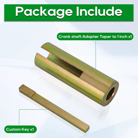 Crank shaft taper adapter to 1 inch shaft, steel, zinc-plated; includes flat key, 2-piece set.