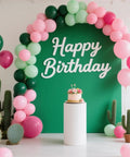 12 Inch Pink And Green Balloons Set Of 50 For Pink Green Theme Parties Birthday Bash Wedding Decor Indoor Outdoor Balloons With Hot Pink, Dark Green, Macaron Pink And Macaron Green And Confetti Styles For Easy Balloon Arches And Columns in a birthday decoration.