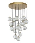 Natural Brass 18 Light Led Multi Pendant Light Fixture With Clear Ribbed Acrylic Shades Hanging Ceiling Lamp For Kitchen Or Dining Room with spherical shades.