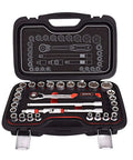 Heavy Duty 31 Piece Socket Wrench Set With One Half Inch Drive Ratchet and organized case showing tools and sockets.