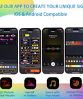 Four smartphone screens showing app features for customizing LED sign displays, compatible with iOS and Android.