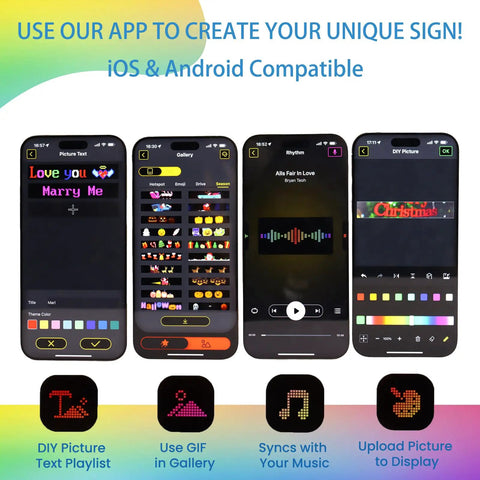 Four smartphone screens showing app features for customizing LED sign displays, compatible with iOS and Android.