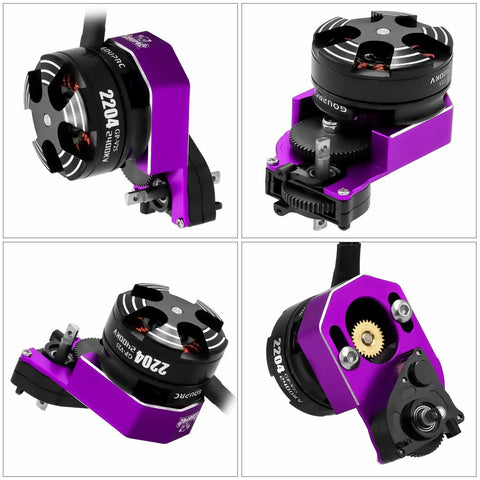 Beefy Torque 2204 2400KV Brushless Outrunner Motor With Transmission And 30A Mini ESC For SCX24 Axial 1 By 24 Remote Crawler Car Truck Spiced Black Purple, showing four different angles highlighting gears and mounting points.