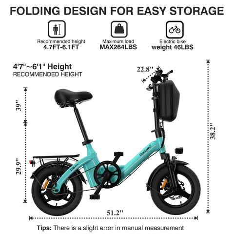 Folding Electric Bike For Adults And Teens With 400W Motor UL Certified Commuter Ebike 23 MPH Top Speed And 25 Mile Range 36V 10Ah Battery Dual Disc Brakes Compact Portable And Easy To Fold, side view with dimensions