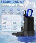 Heavy Duty 1HP Automatic Pool Cover Pump Delivers 3500 GPH showing technical specifications with clear water background.
