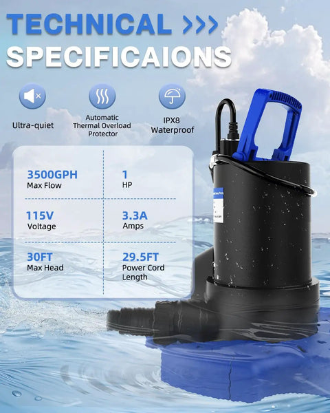 Heavy Duty 1HP Automatic Pool Cover Pump Delivers 3500 GPH showing technical specifications with clear water background.