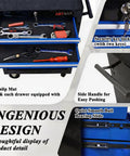 Seven Drawer Rolling Tool Chest On Wheels With Locking Casters And Tubular Handle, Built Tough Tool Cart For Your Garage, Shop Or Warehouse, Massive 7 Drawer Storage In Black And Blue, open drawer view