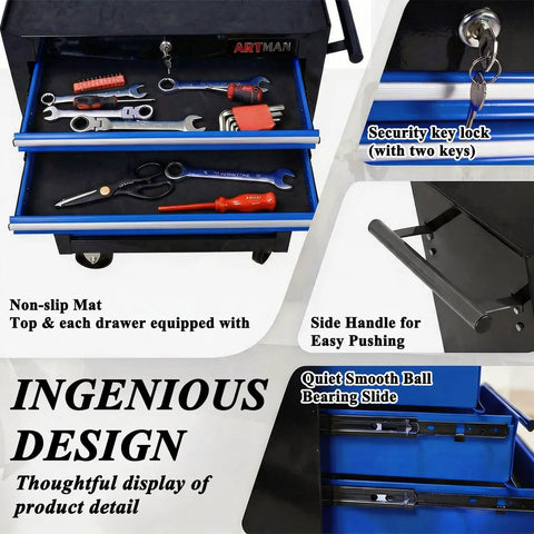 Seven Drawer Rolling Tool Chest On Wheels With Locking Casters And Tubular Handle, Built Tough Tool Cart For Your Garage, Shop Or Warehouse, Massive 7 Drawer Storage In Black And Blue, open drawer view