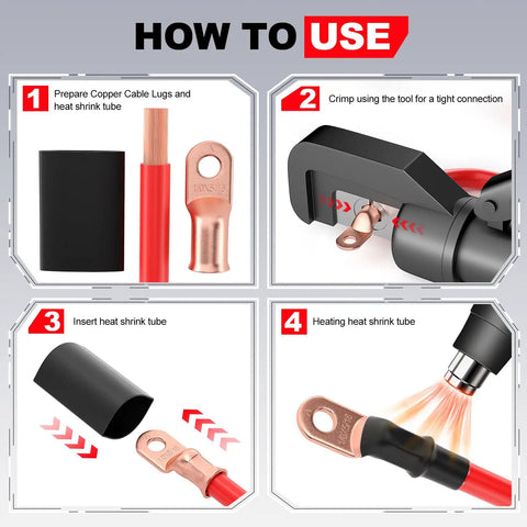 4 Gauge Battery Cable Lug Copper Ring Terminal Set With Three Eighths Inch Stud Marine Grade Dual Wall Heat Shrink Tubes 10 Pack For Crazy Easy Install And Reliable Power Connections. Crimp and heat shrink steps