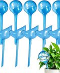 10 Piece Self Watering Bulbs Set For Indoor And Outdoor Plants shown in blue globe and bird shapes with one inserted in a plant