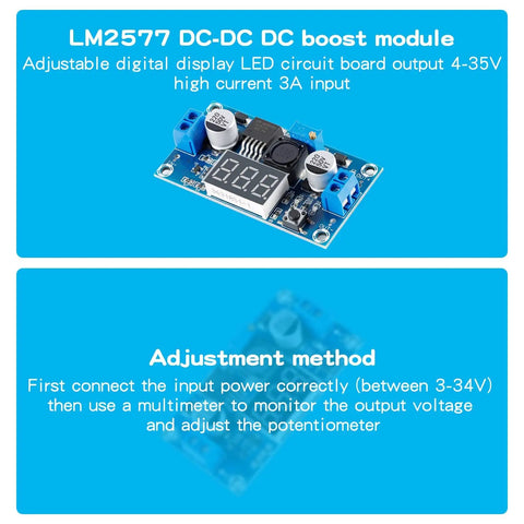 Image showing LM2577 DC-DC Boost Module with Digital Display Voltmeter, Adjustable Output 4-35V, 2.5A Boost Converter in top view.