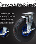 Hella Durable 4 Pack Heavy Duty Swivel Wheels Featuring Pneumatic Rubber Casters And Secure Lock Brakes close-up of caster wheel with side brake.