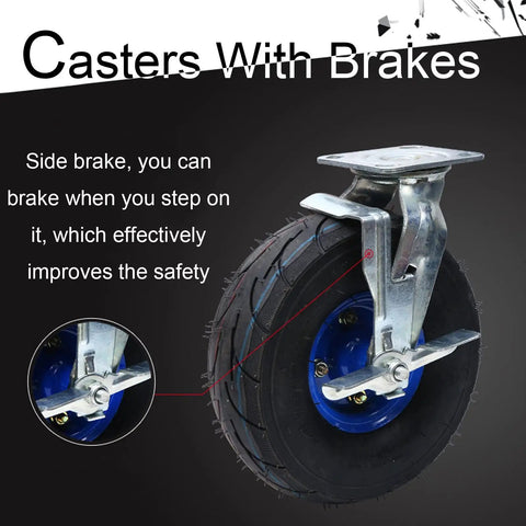 Hella Durable 4 Pack Heavy Duty Swivel Wheels Featuring Pneumatic Rubber Casters And Secure Lock Brakes close-up of caster wheel with side brake.