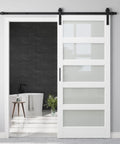 36X84 White Tempered Glass Sliding Barn Door With Complete Hardware Kit 6.6FT Rail Handle And Floor Guide sliding open to reveal bathroom.