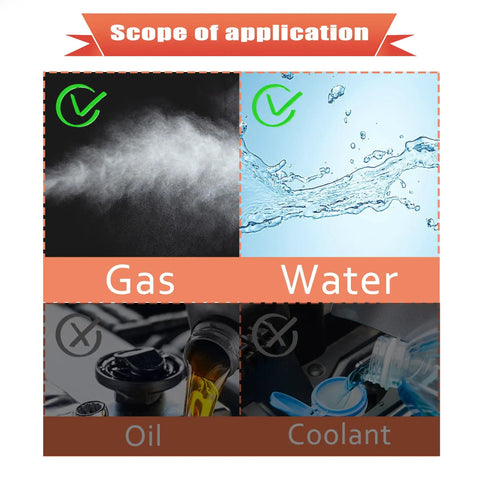 Scope of application for flexible silicone vacuum hose shows gas and water compatibility, not for oil or coolant.