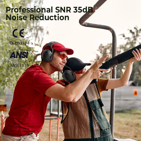 Two people wearing Noise Cancelling Ear Muffs For Adults And Kids With 35dB Hearing Protection while shooting outdoors.