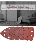 Get A Serious Grip With This 90 Piece Set Of Triangle Sandpaper Discs Featuring Hook And Loop Backing Plus Dust-Venting Holes laid out on a flat surface.